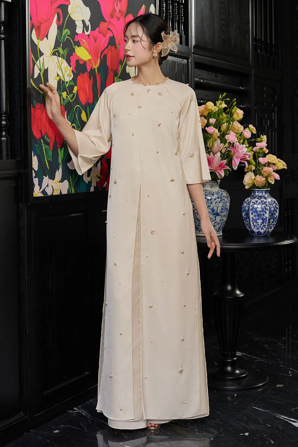 Esther Straight Front Slit Pearl Wrinkled Silk Floor Length Ao Dai