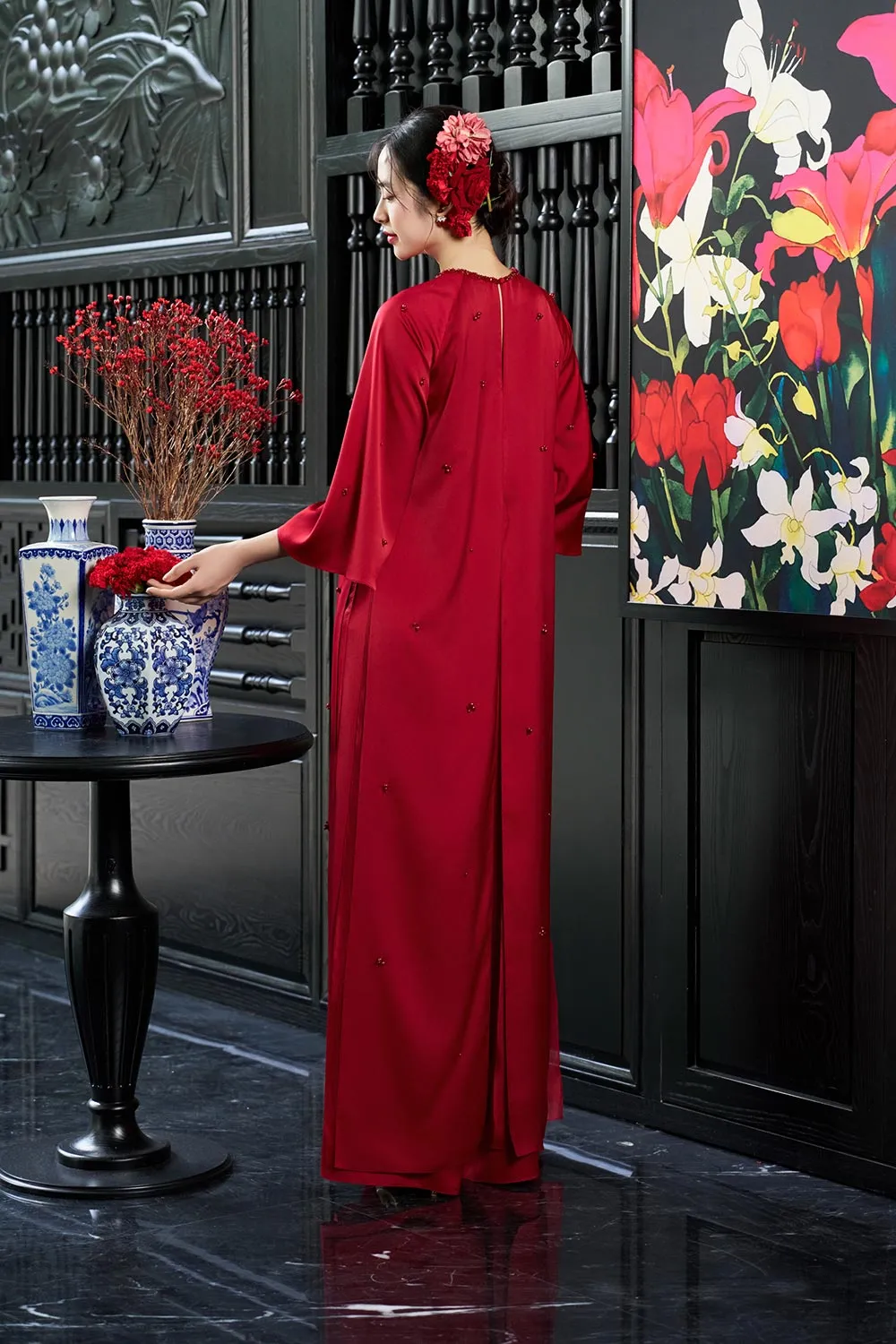 Esther Straight Front Slit Pearl Wrinkled Silk Floor Length Ao Dai