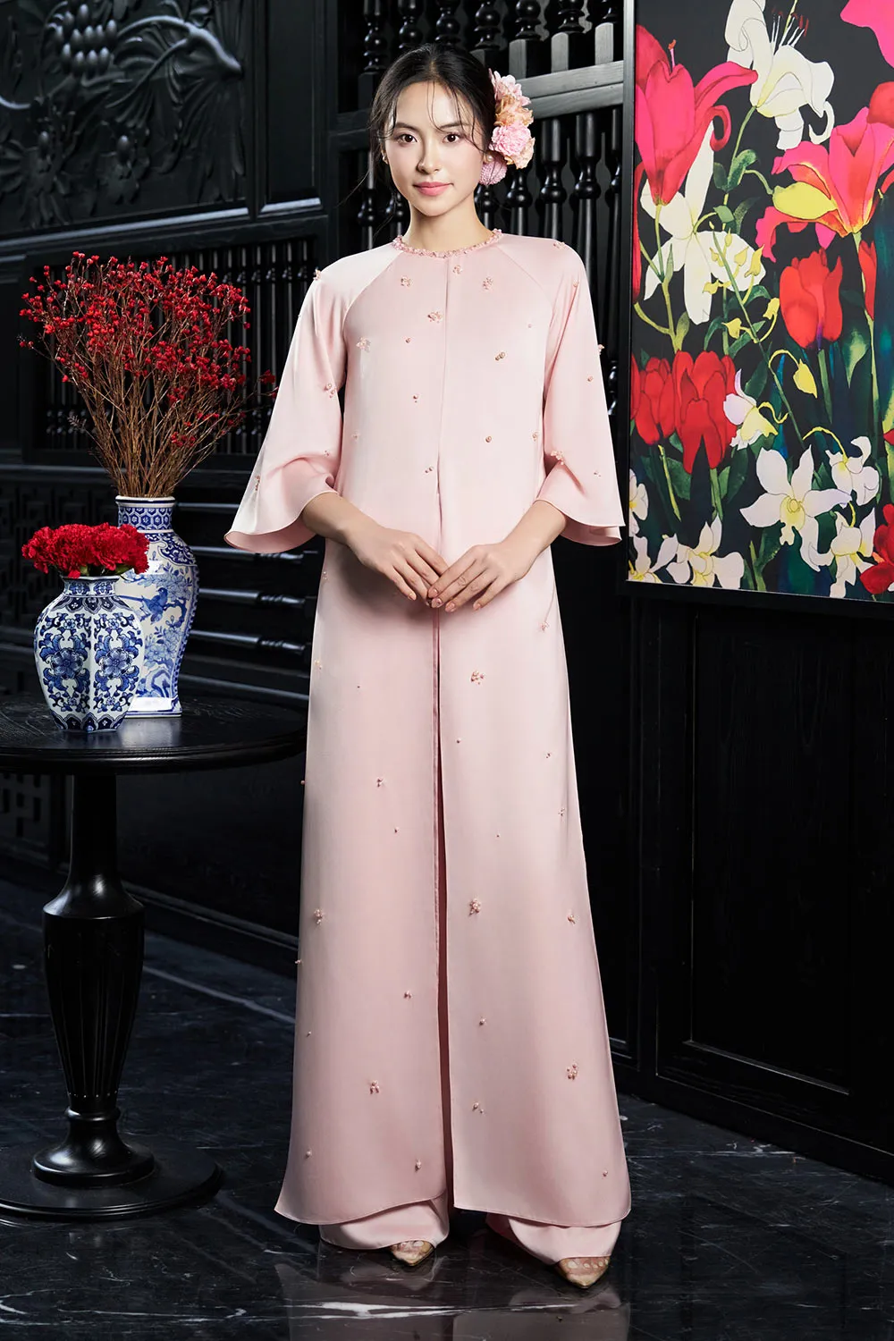 Esther Straight Front Slit Pearl Wrinkled Silk Floor Length Ao Dai