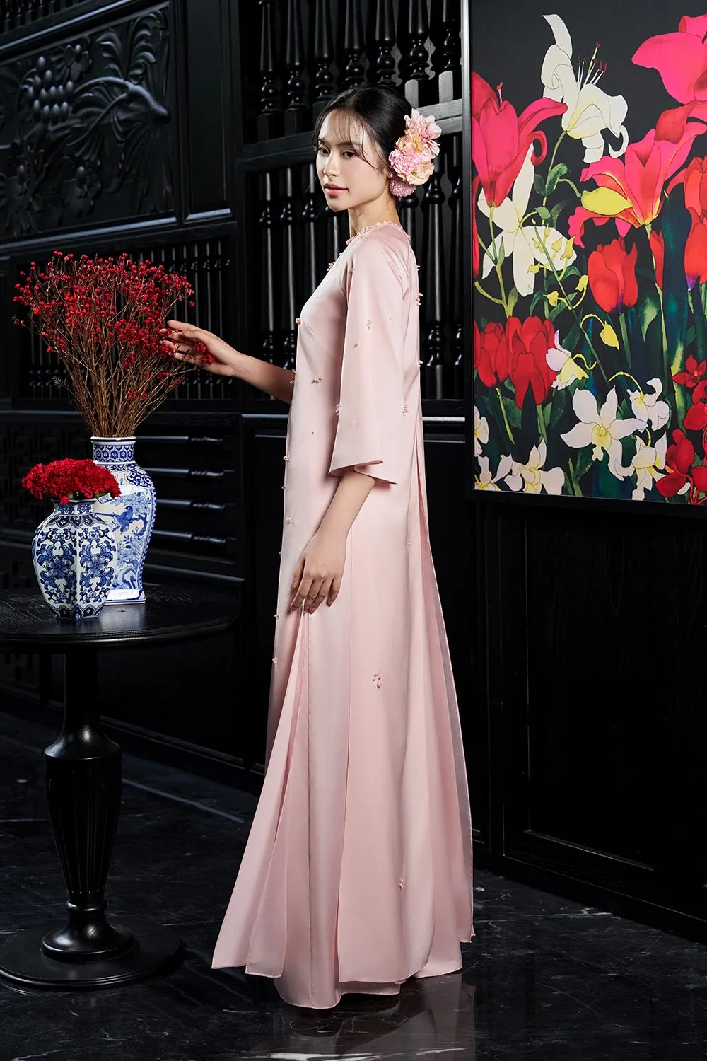 Esther Straight Front Slit Pearl Wrinkled Silk Floor Length Ao Dai