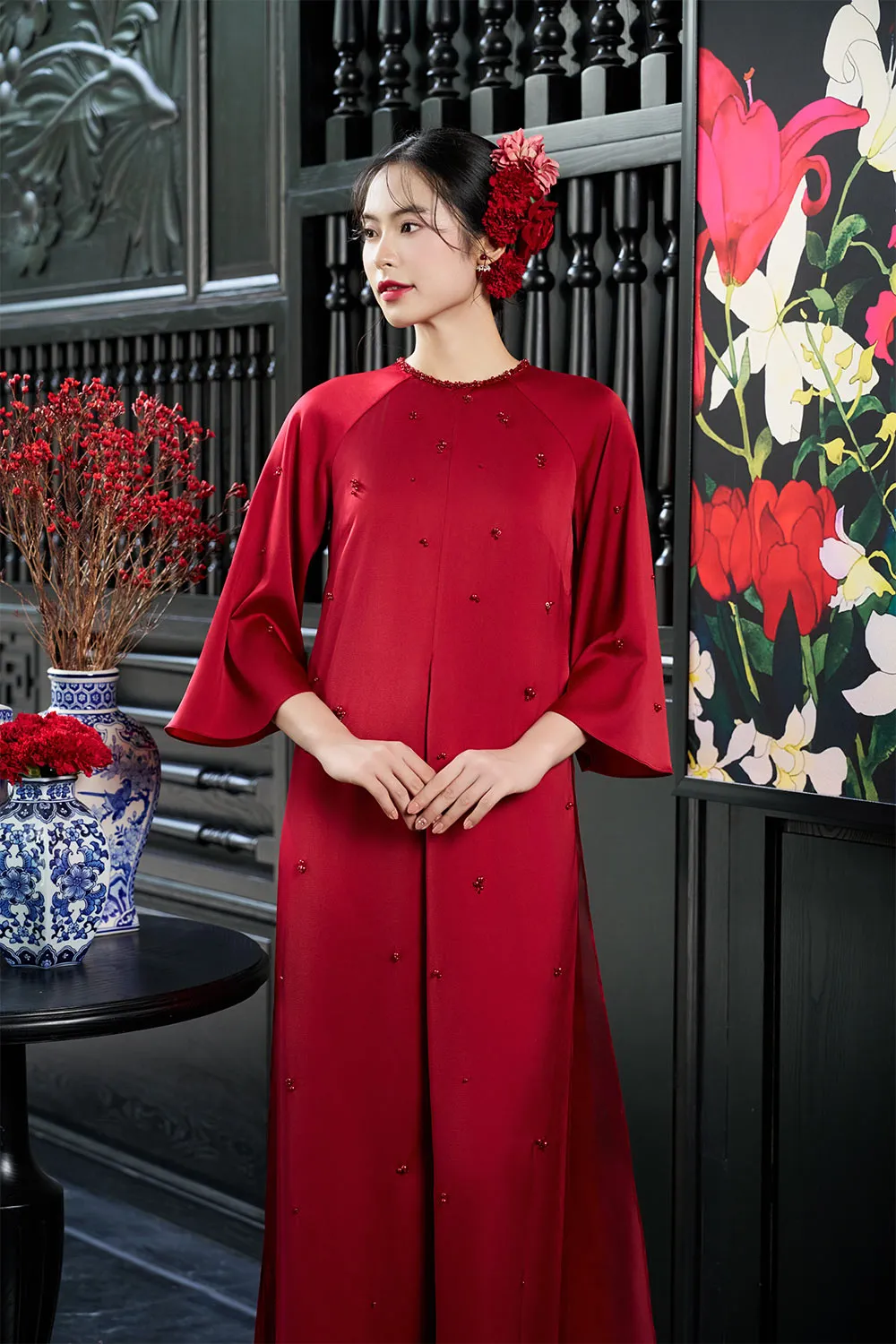 Esther Straight Front Slit Pearl Wrinkled Silk Floor Length Ao Dai