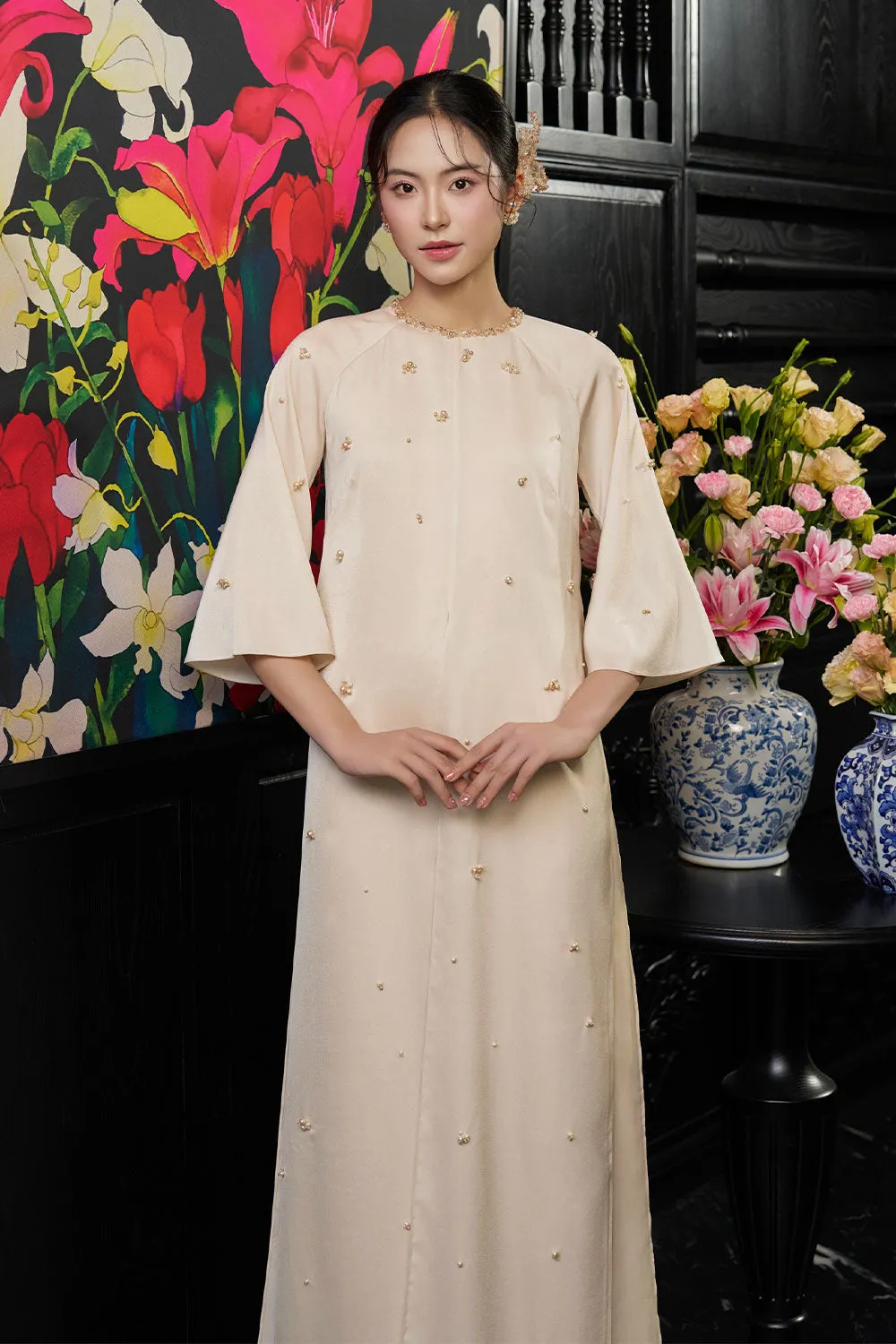 Esther Straight Front Slit Pearl Wrinkled Silk Floor Length Ao Dai