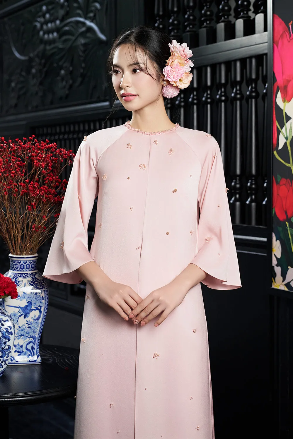 Esther Straight Front Slit Pearl Wrinkled Silk Floor Length Ao Dai