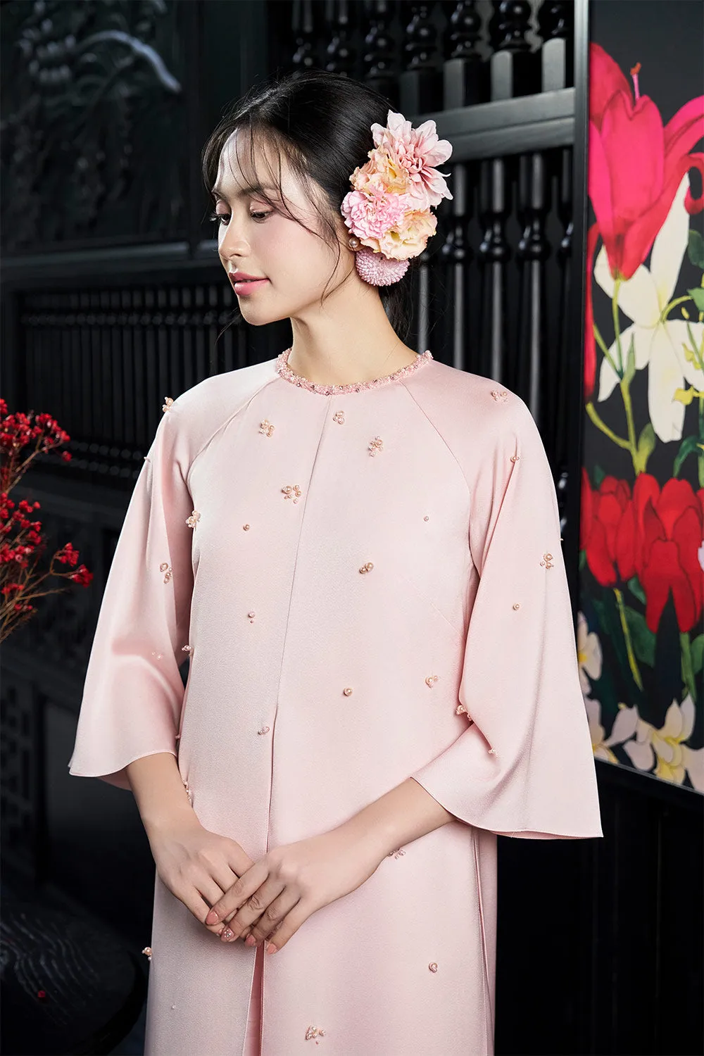 Esther Straight Front Slit Pearl Wrinkled Silk Floor Length Ao Dai