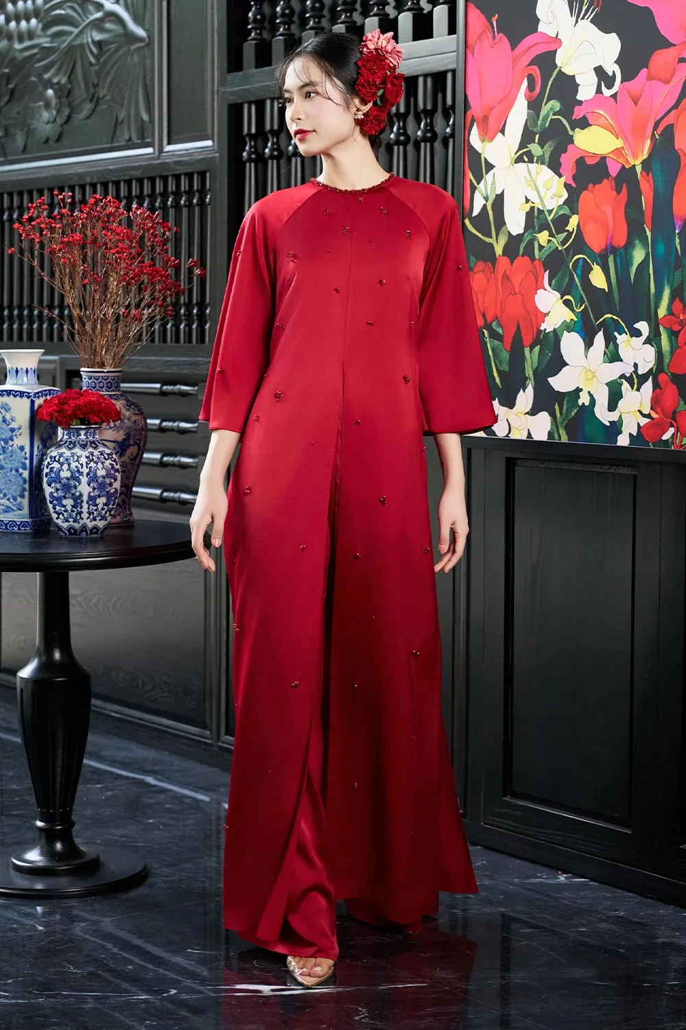 Esther Straight Front Slit Pearl Wrinkled Silk Floor Length Ao Dai