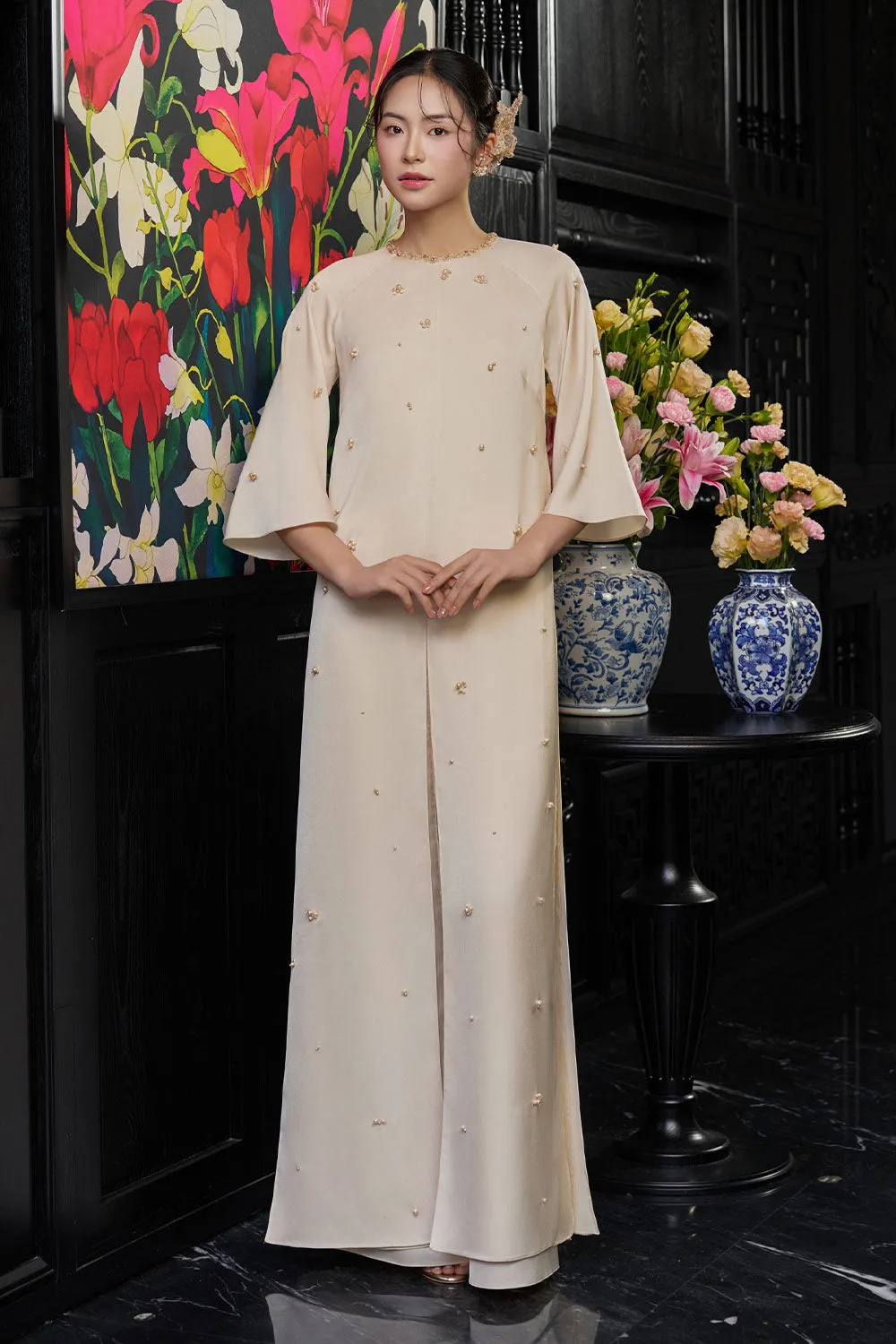 Esther Straight Front Slit Pearl Wrinkled Silk Floor Length Ao Dai