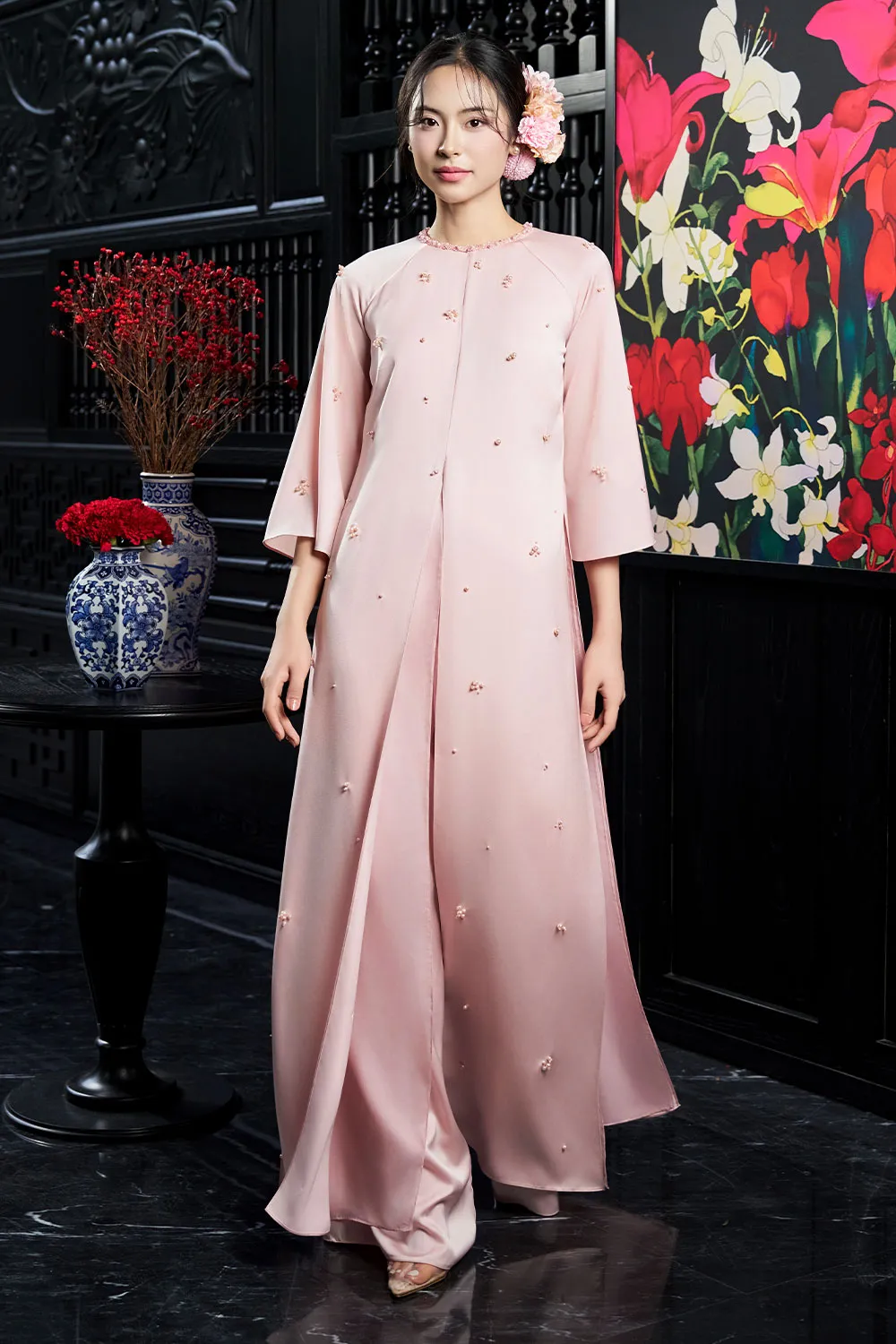 Esther Straight Front Slit Pearl Wrinkled Silk Floor Length Ao Dai