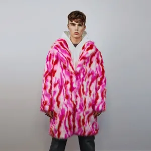 Faux fur long striped coat zebra trench neon raver bomber fluffy tie-dye winter fleece festival jacket burning man going out coat red pink