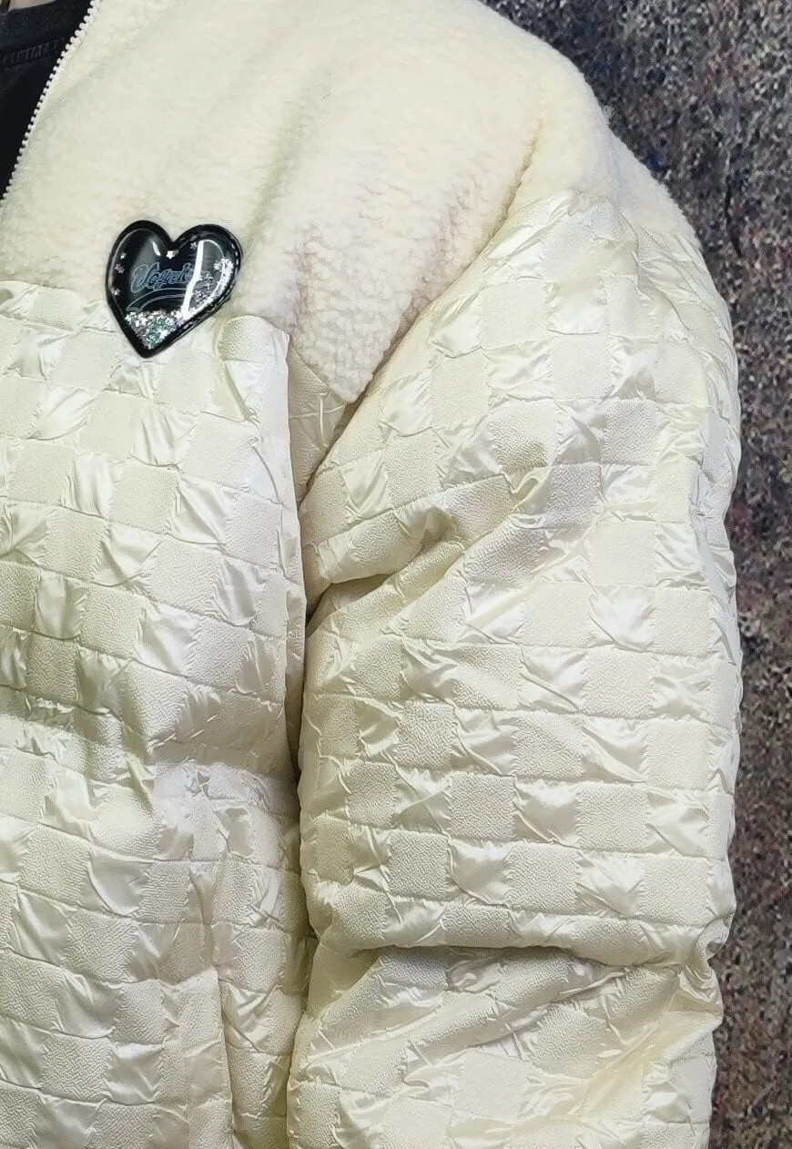Fleece bomber faux leather puffer shiny heart jacket cream