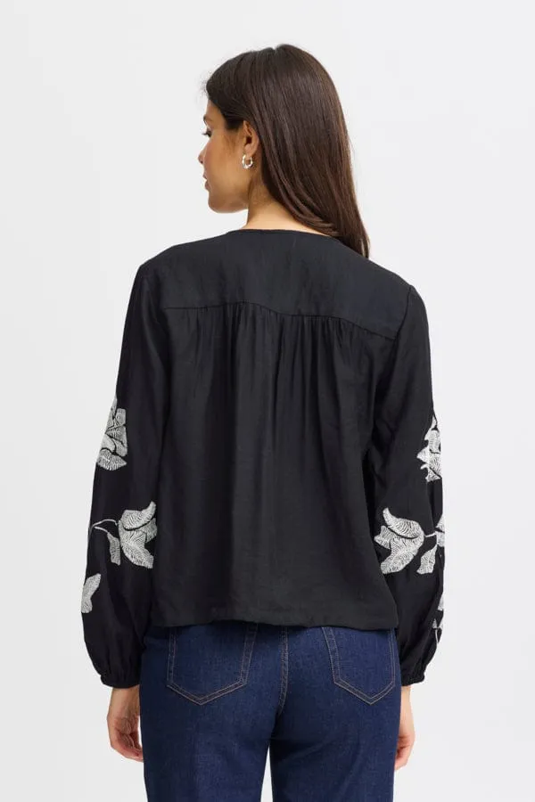 Fransa Floral Detail Blouse Black White