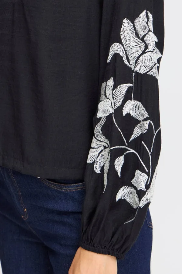Fransa Floral Detail Blouse Black White