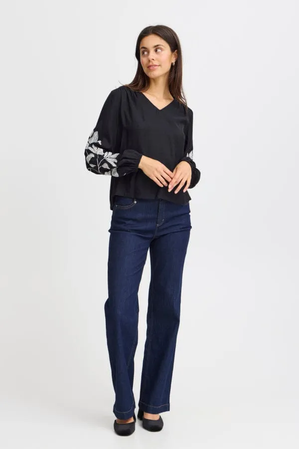 Fransa Floral Detail Blouse Black White