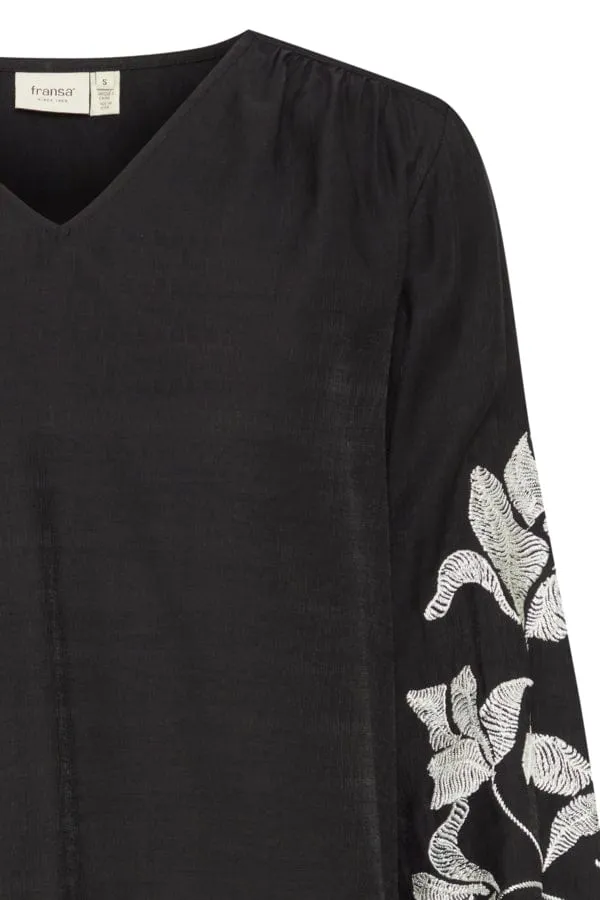 Fransa Floral Detail Blouse Black White