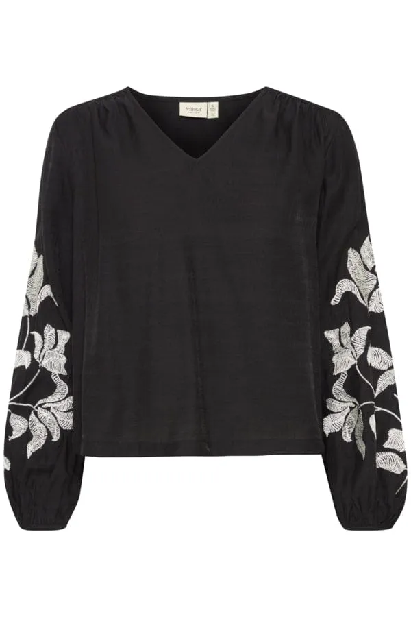 Fransa Floral Detail Blouse Black White