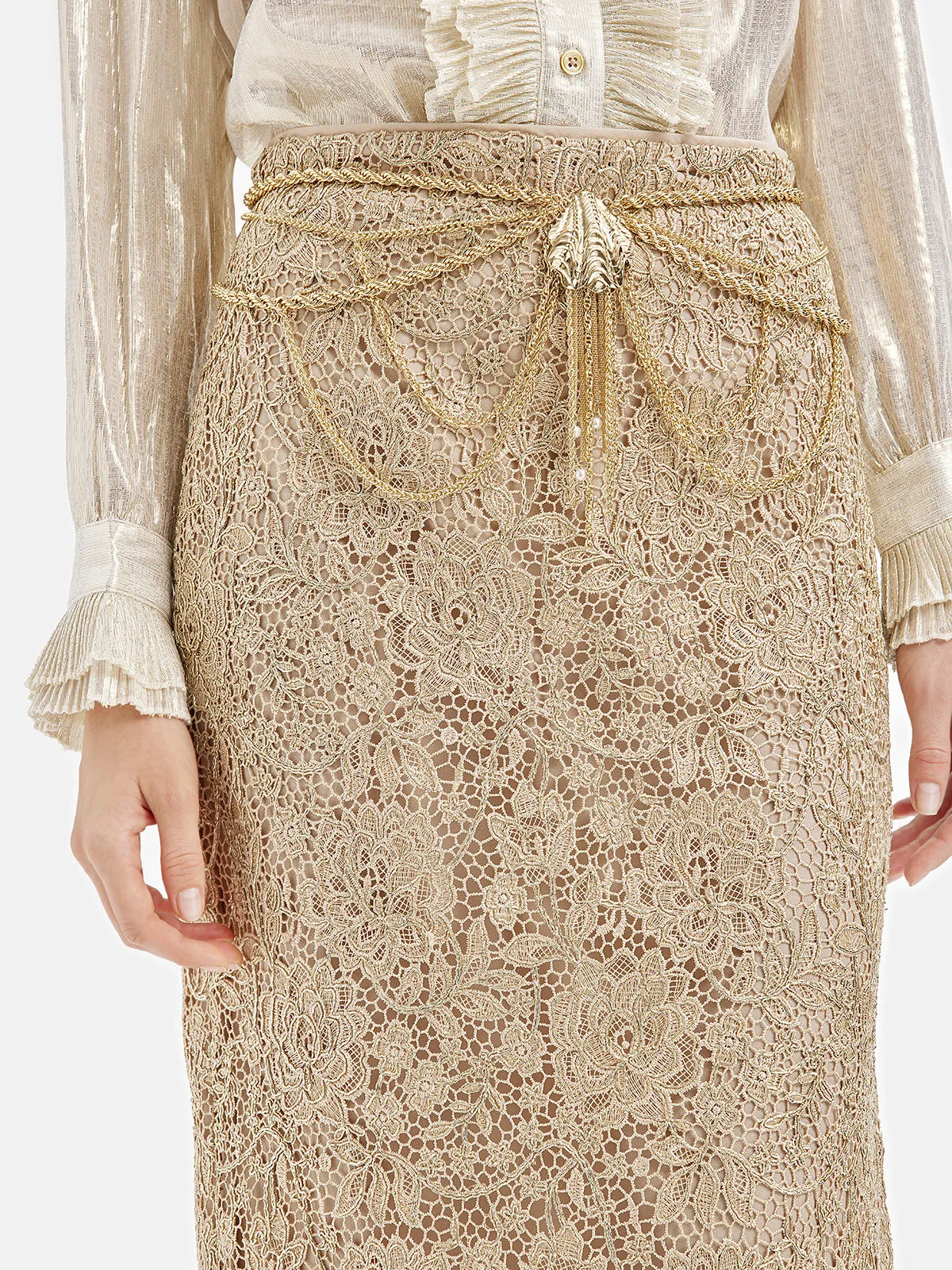 French Gold Lace Slit Skirt (With Waist Chain)