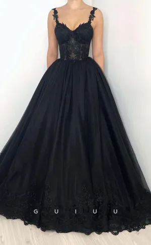G3197 - Classic & Timeless Applique Straps Sheer Tulle Long Formal Prom Dresses