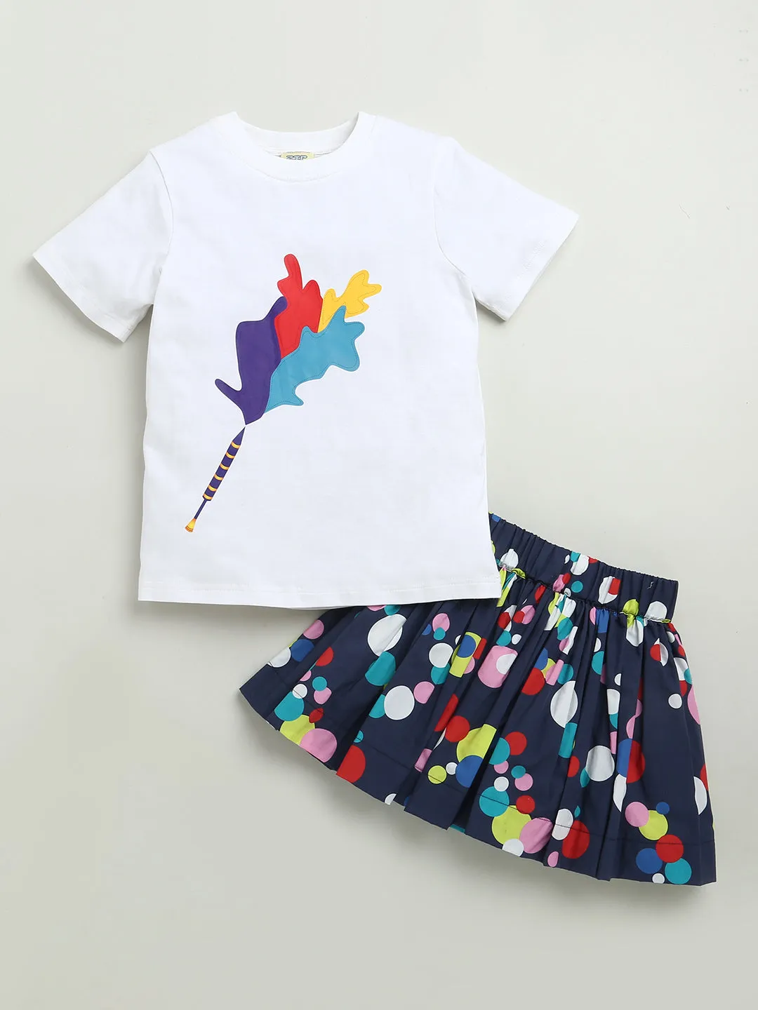 HOLI PICHKARI PRINT T-SHIRT WITH BLUE SKIRT FOR GIRLS