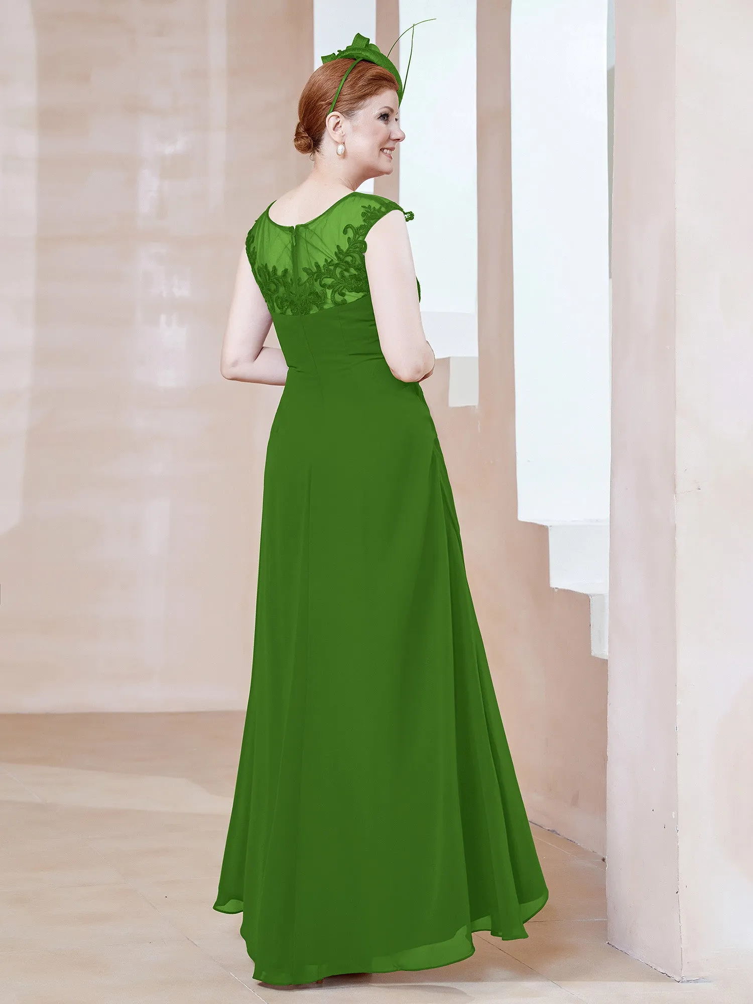 Illusion Lace Neckline Asymmetrical A-Line Dress Moss