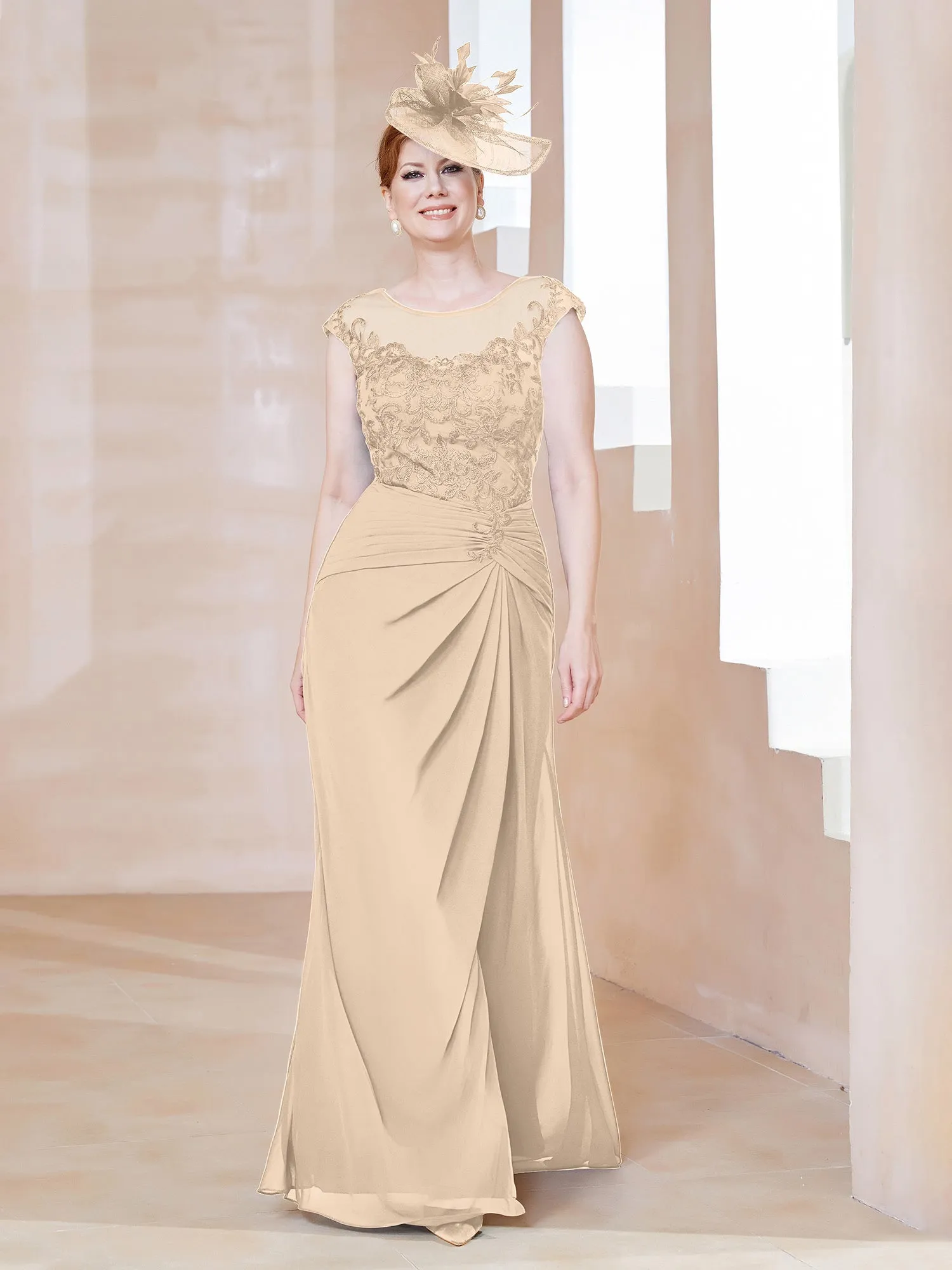 Illusion Neck Appliqued Dress With Slit Champagne