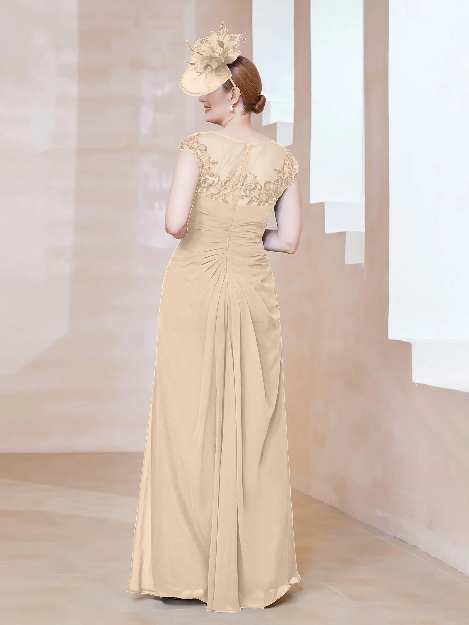 Illusion Neck Appliqued Dress With Slit Champagne