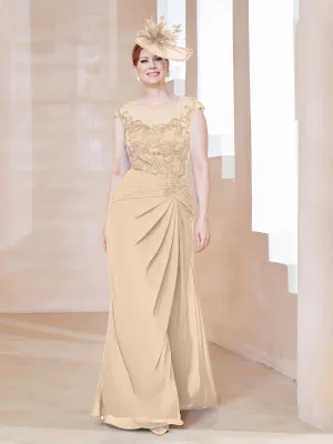 Illusion Neck Appliqued Dress With Slit Champagne