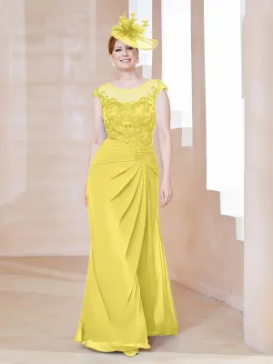 Illusion Neck Appliqued Dress With Slit Lemon