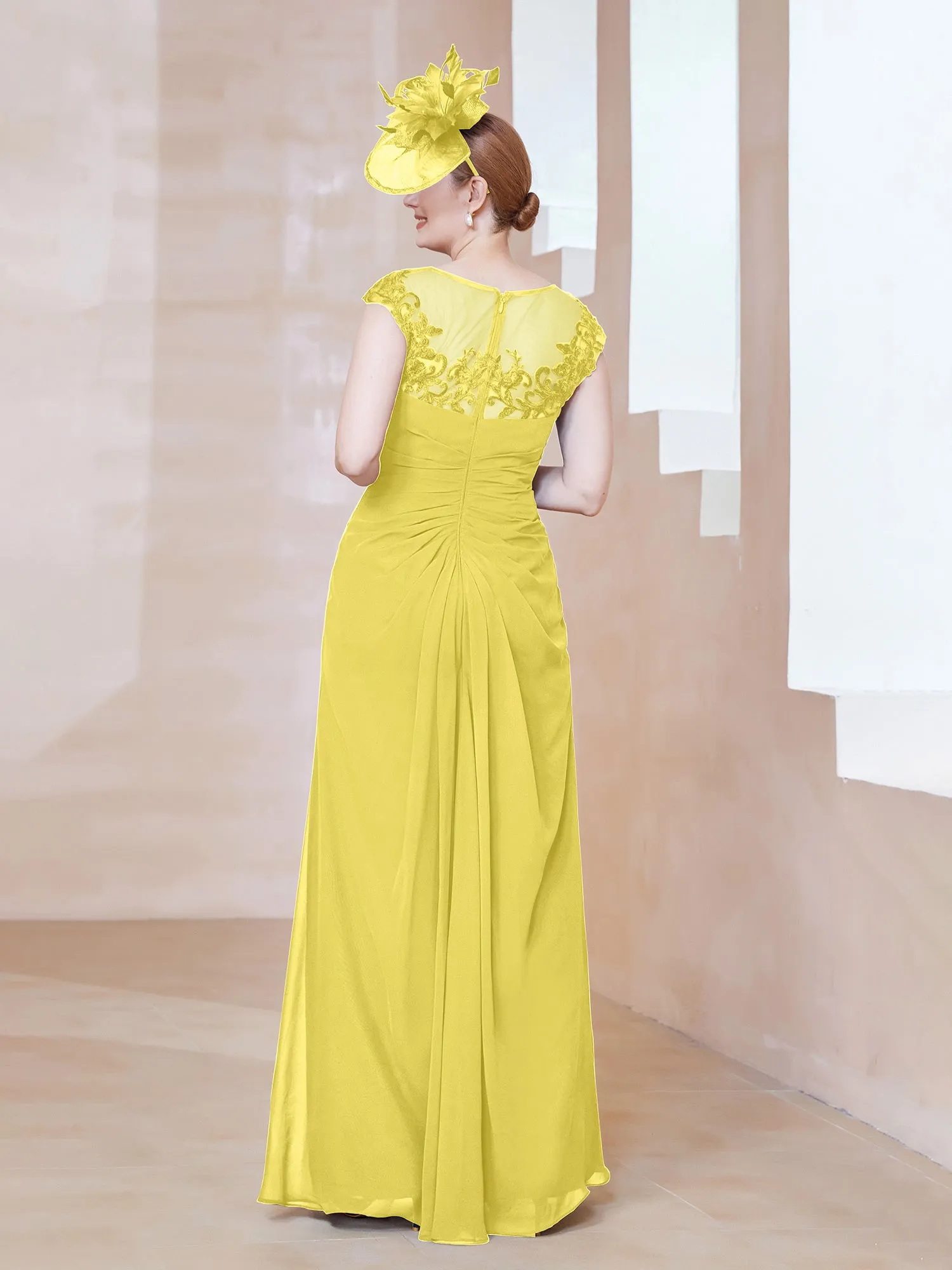 Illusion Neck Appliqued Dress With Slit Lemon