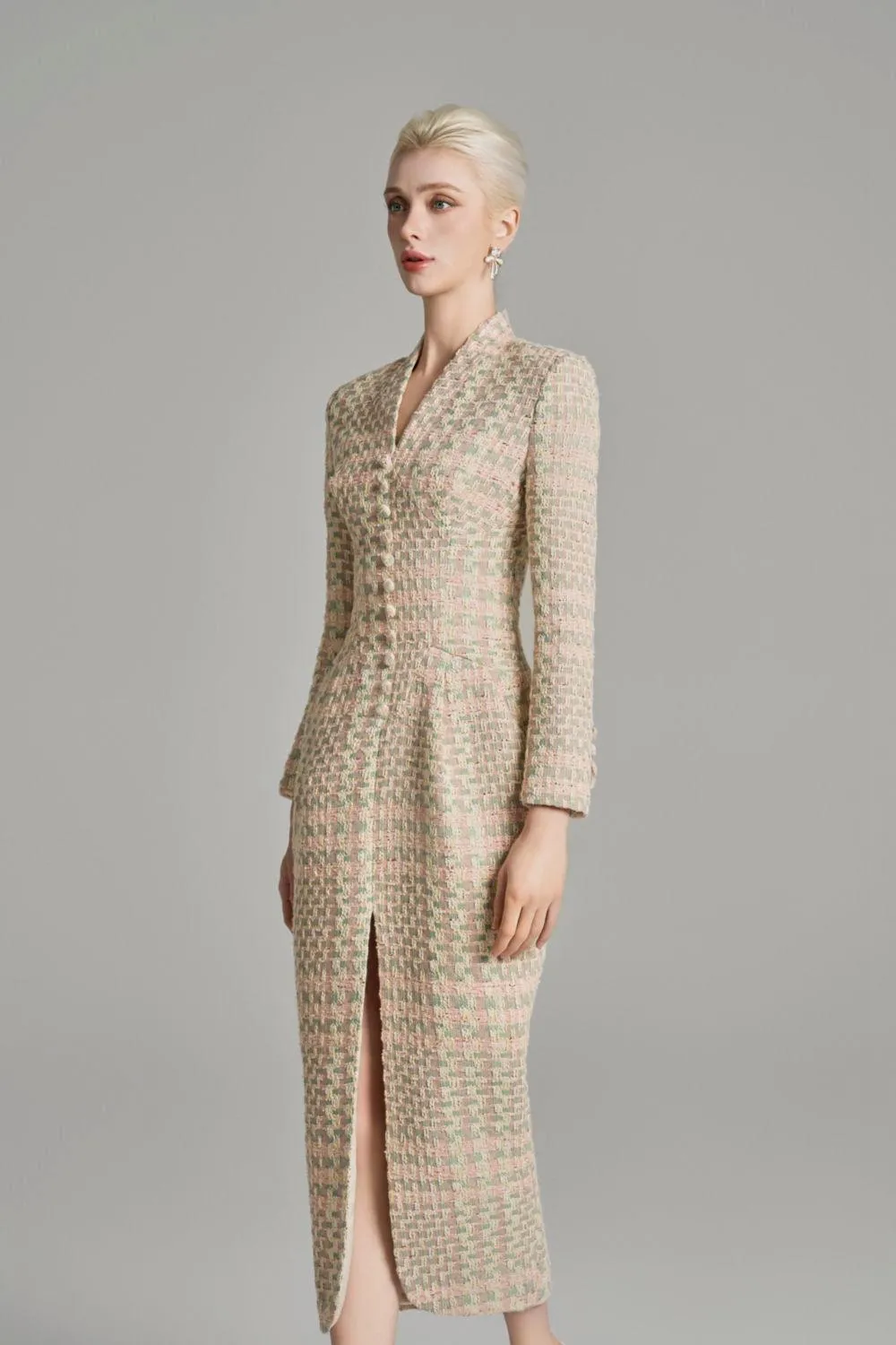 Kairi Pegged Front Slit Tweed Midi Dress