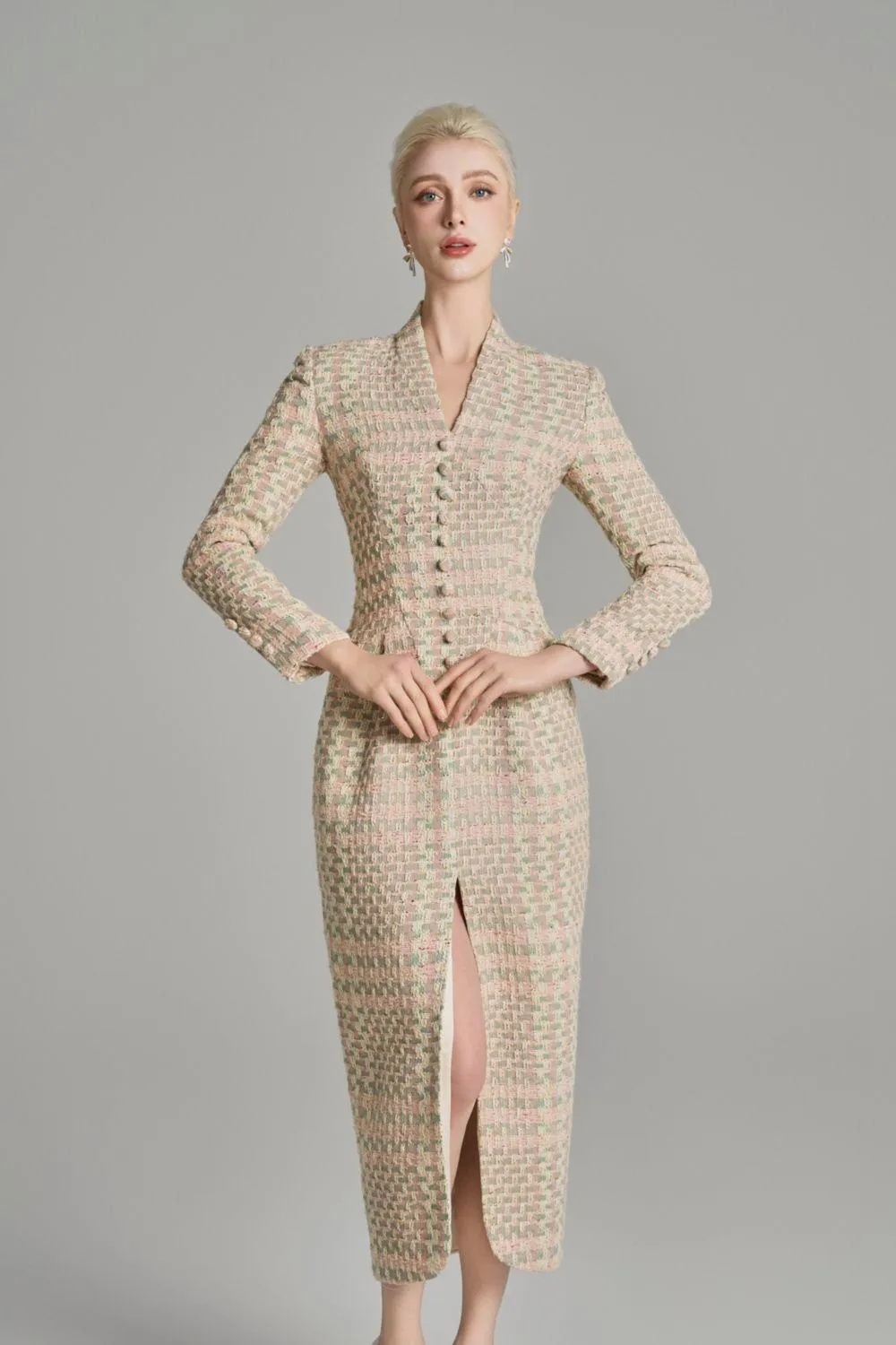 Kairi Pegged Front Slit Tweed Midi Dress