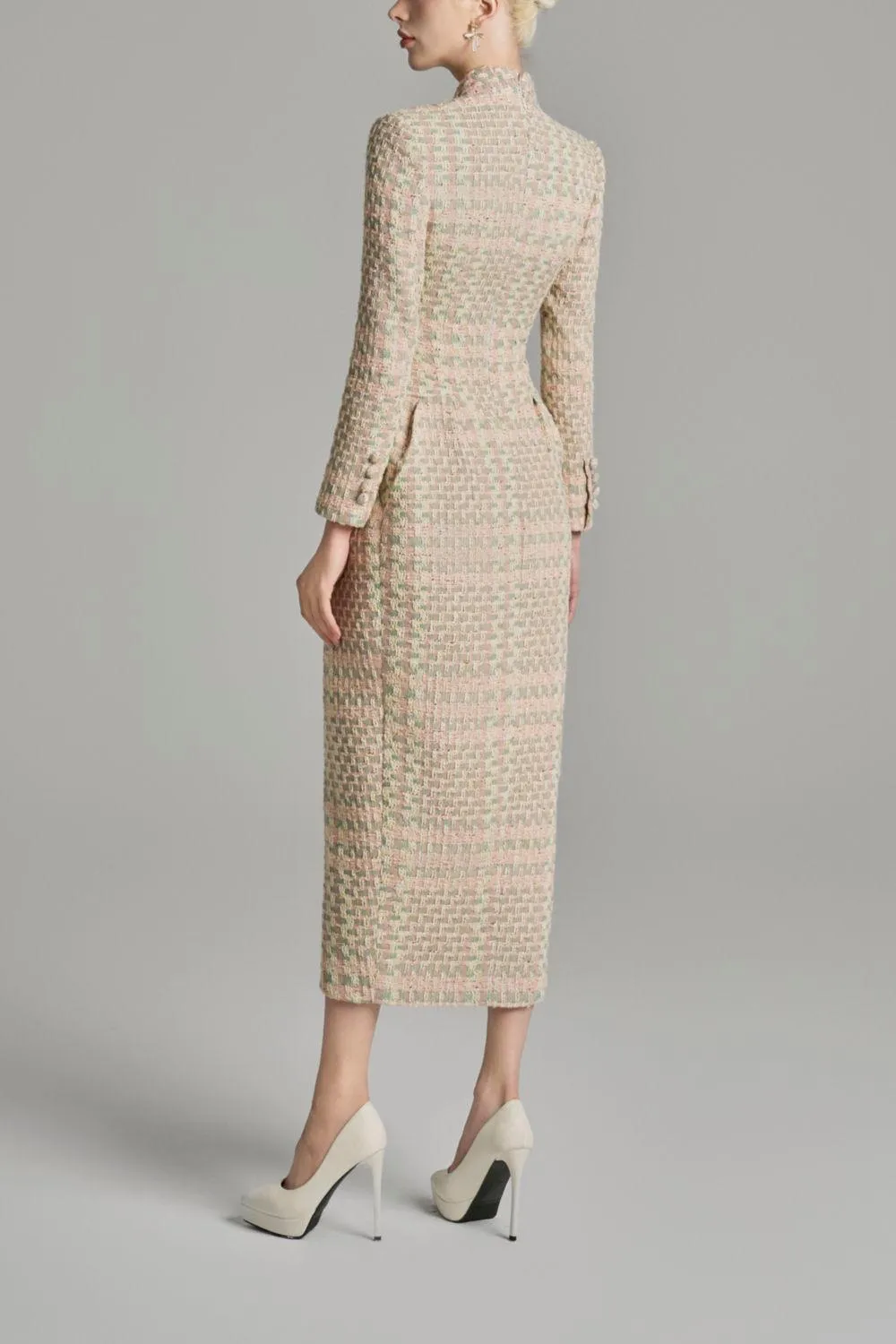 Kairi Pegged Front Slit Tweed Midi Dress