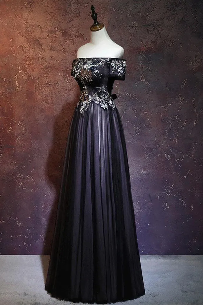 kamahe Beauty Off The Shoulder Floor Length Lace Up Long Black Prom Dresses With Appliques
