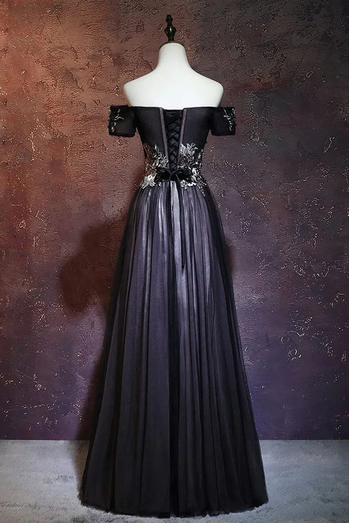 kamahe Beauty Off The Shoulder Floor Length Lace Up Long Black Prom Dresses With Appliques