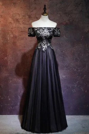 kamahe Beauty Off The Shoulder Floor Length Lace Up Long Black Prom Dresses With Appliques