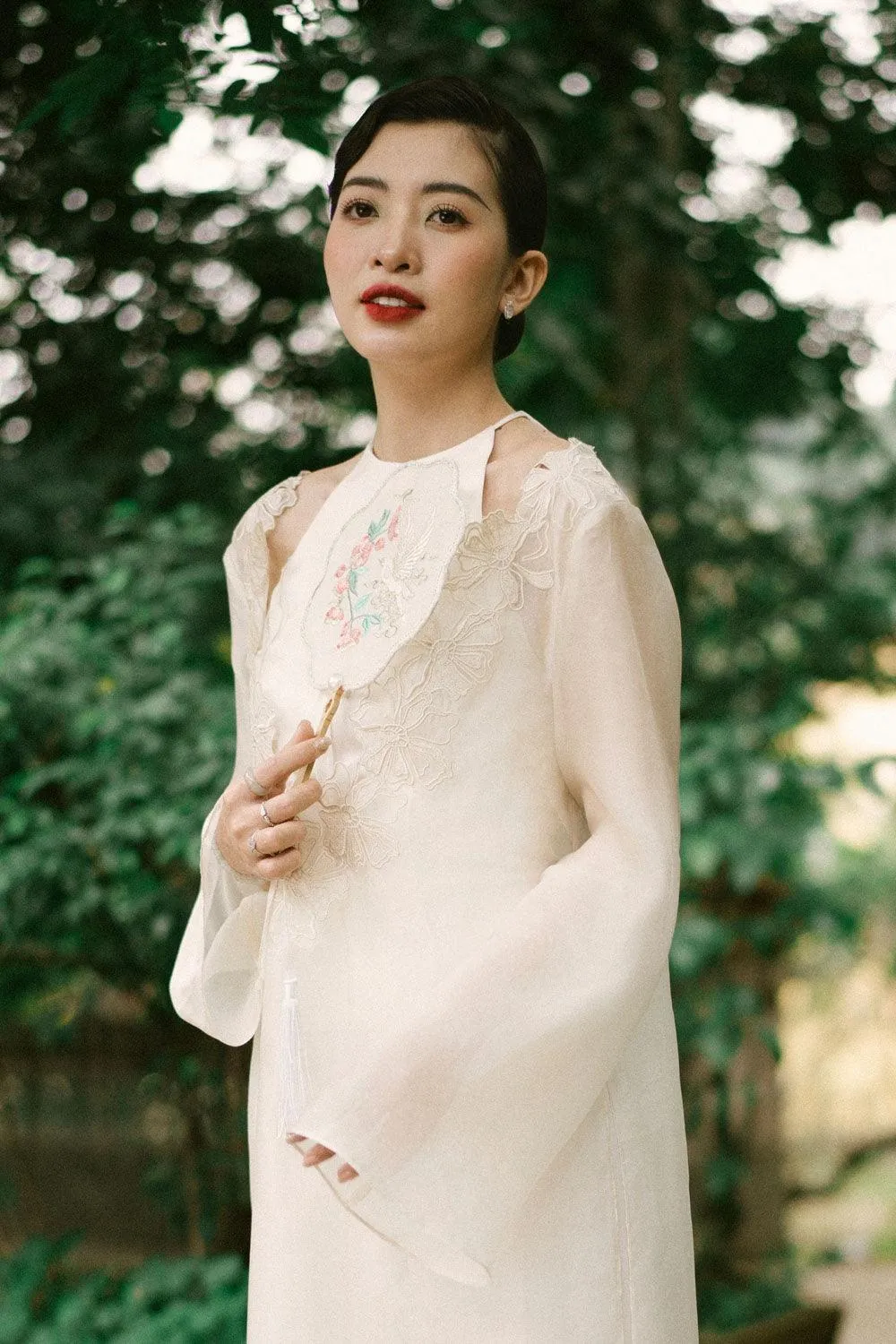 Kim Straight V-Neck Floss Silk Calf Length Ao Dai