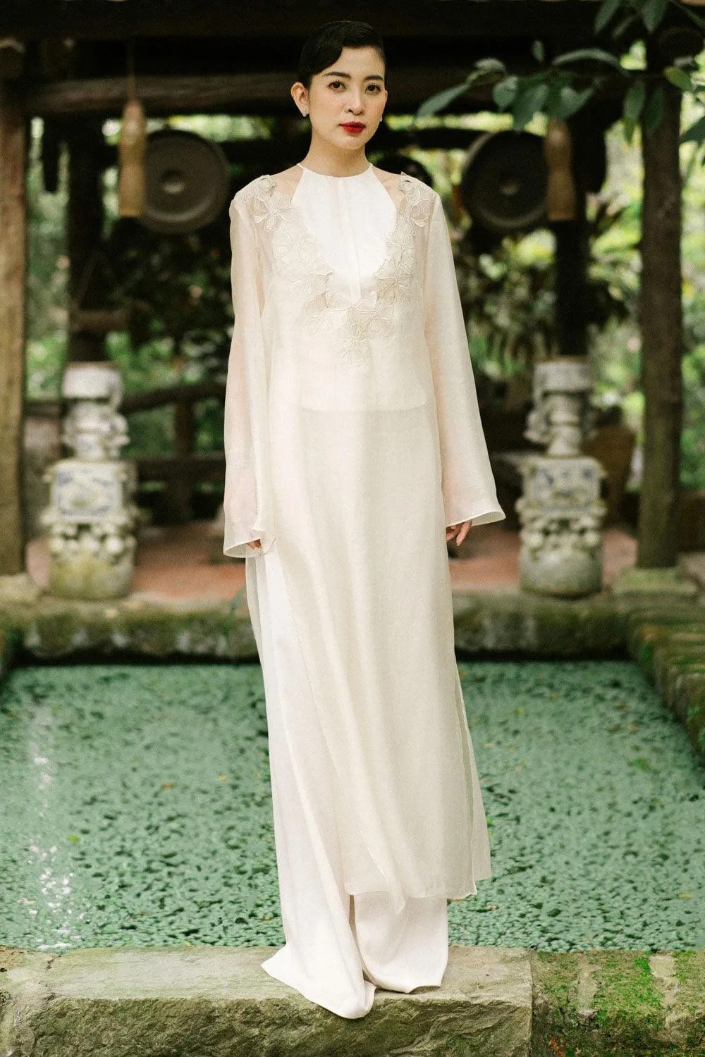 Kim Straight V-Neck Floss Silk Calf Length Ao Dai