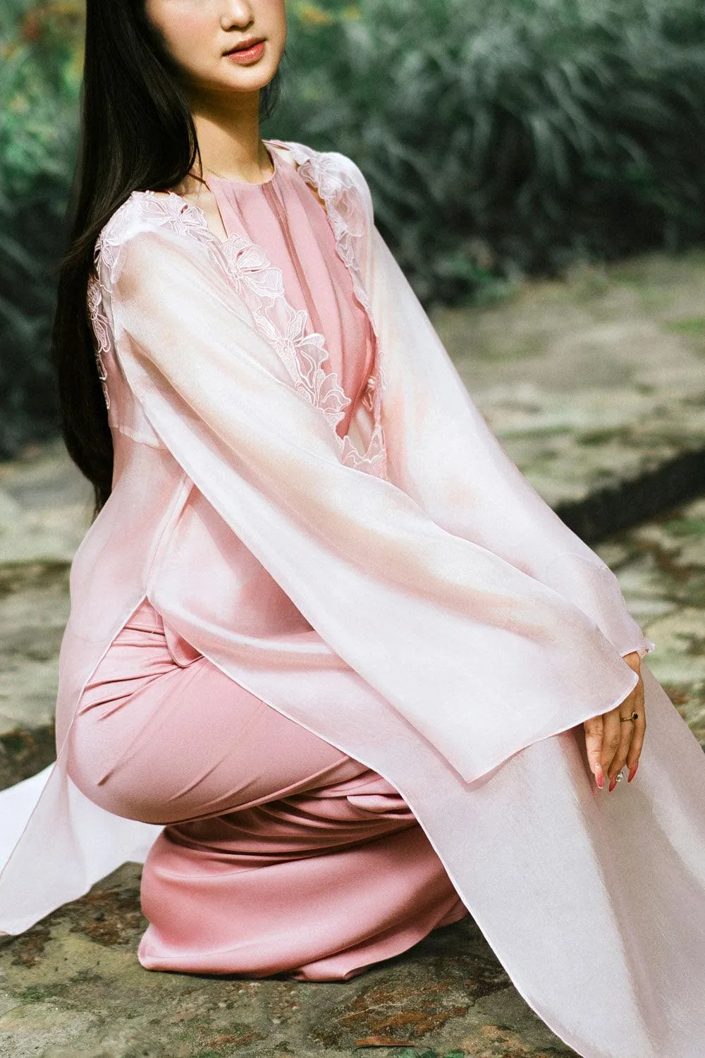 Kim Straight V-Neck Floss Silk Calf Length Ao Dai