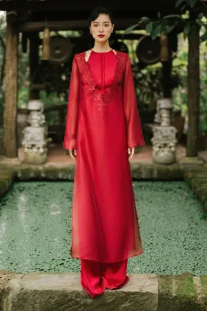 Kim Straight V-Neck Floss Silk Calf Length Ao Dai