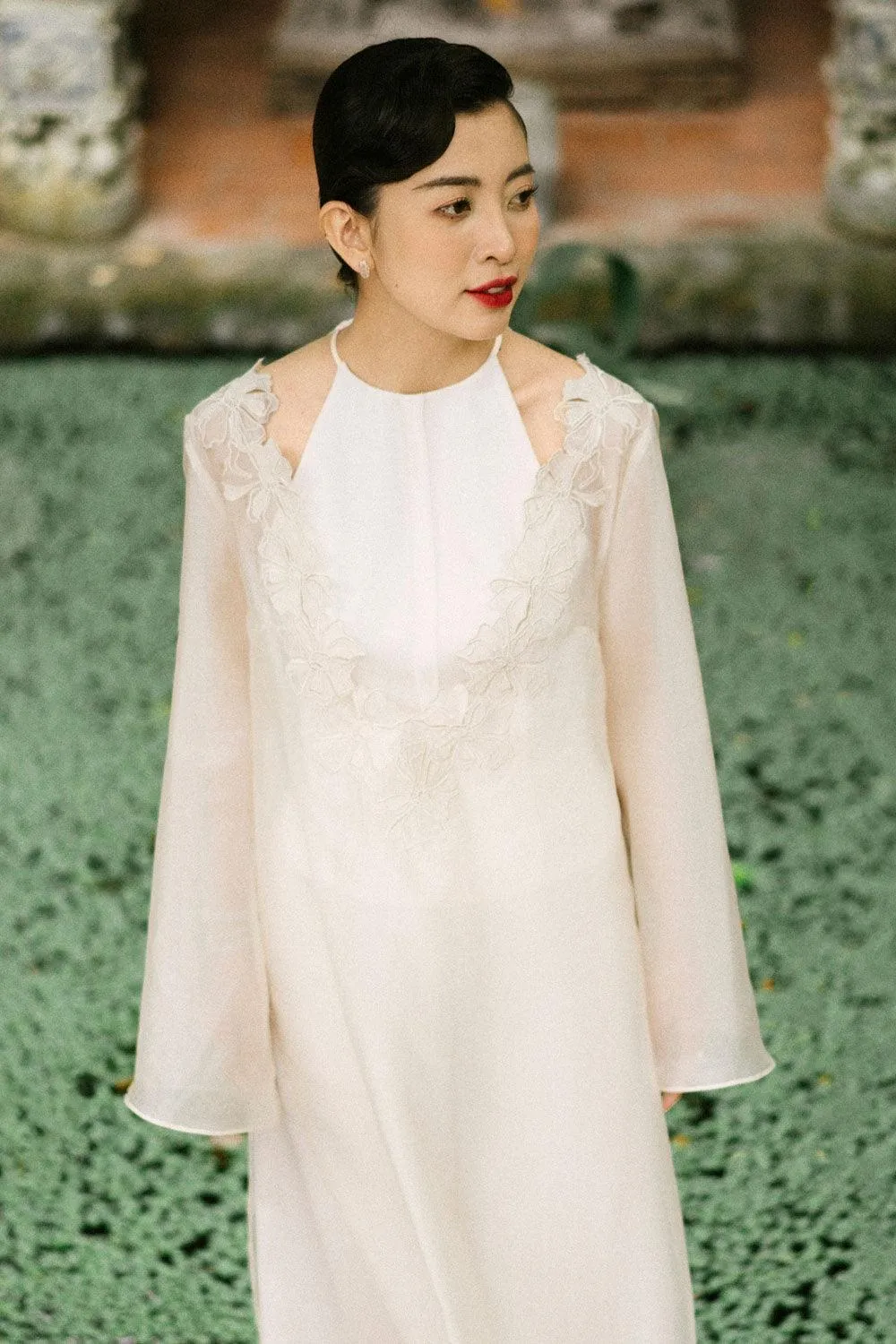Kim Straight V-Neck Floss Silk Calf Length Ao Dai