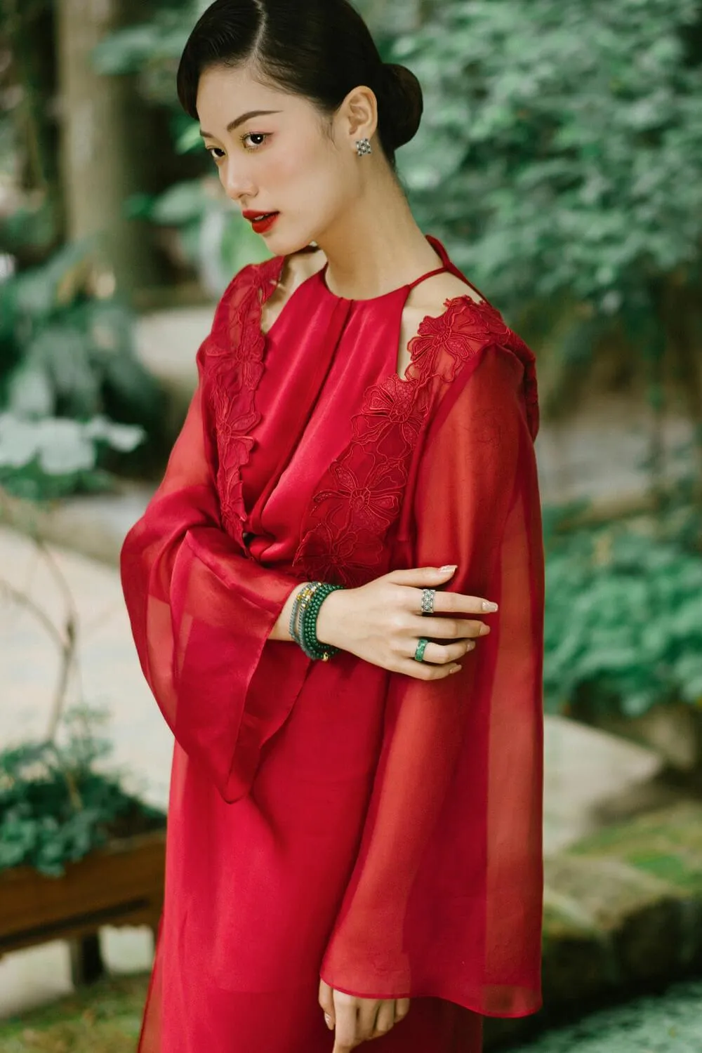 Kim Straight V-Neck Floss Silk Calf Length Ao Dai