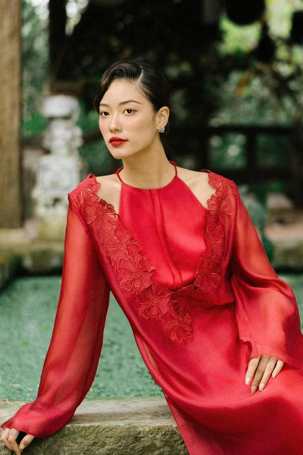 Kim Straight V-Neck Floss Silk Calf Length Ao Dai