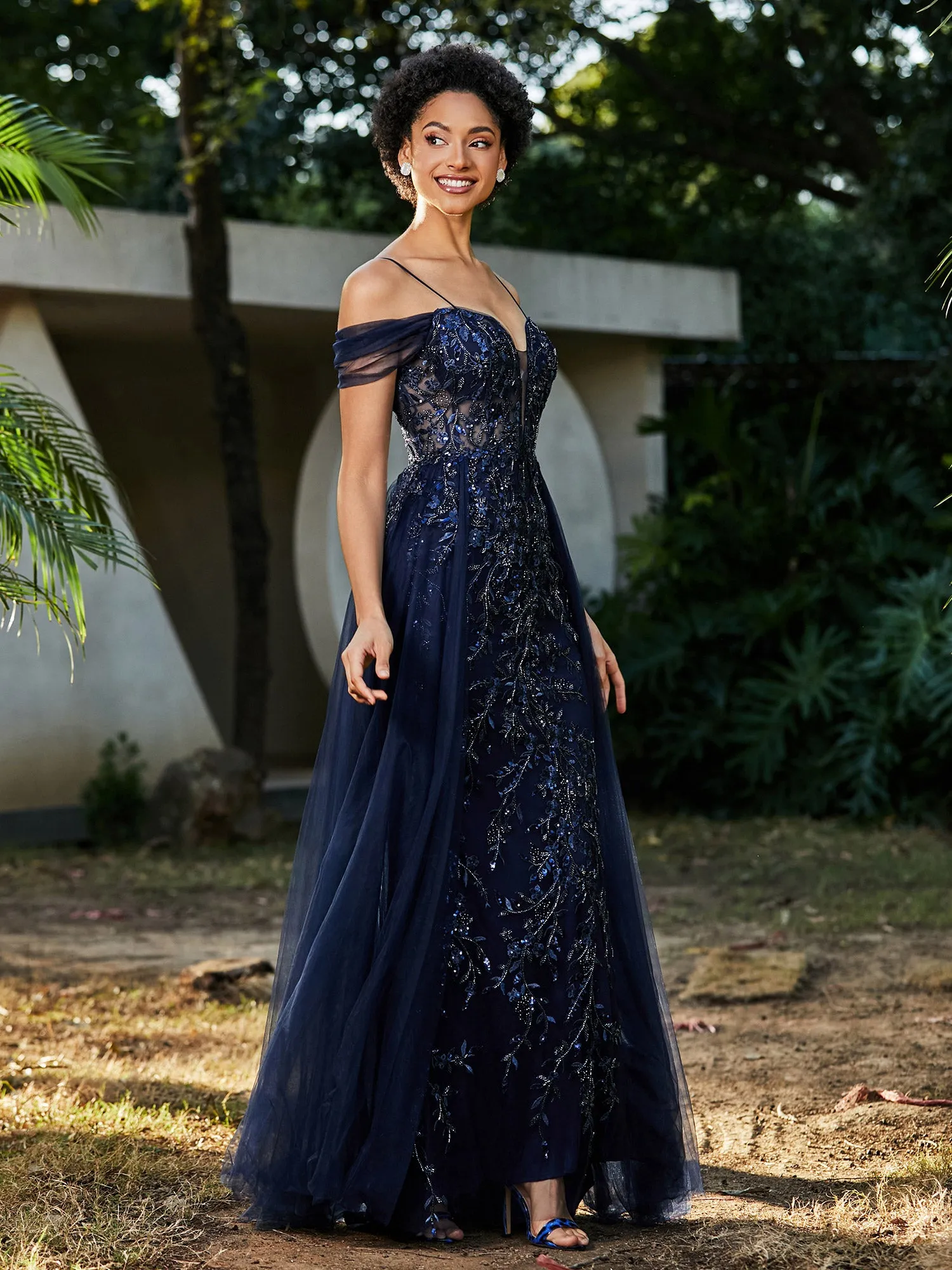 Lace Up Back Off Shoulder Tulle Gown Dark Navy