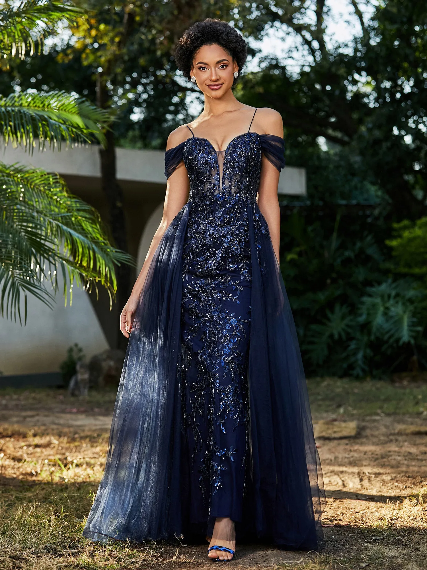 Lace Up Back Off Shoulder Tulle Gown Dark Navy