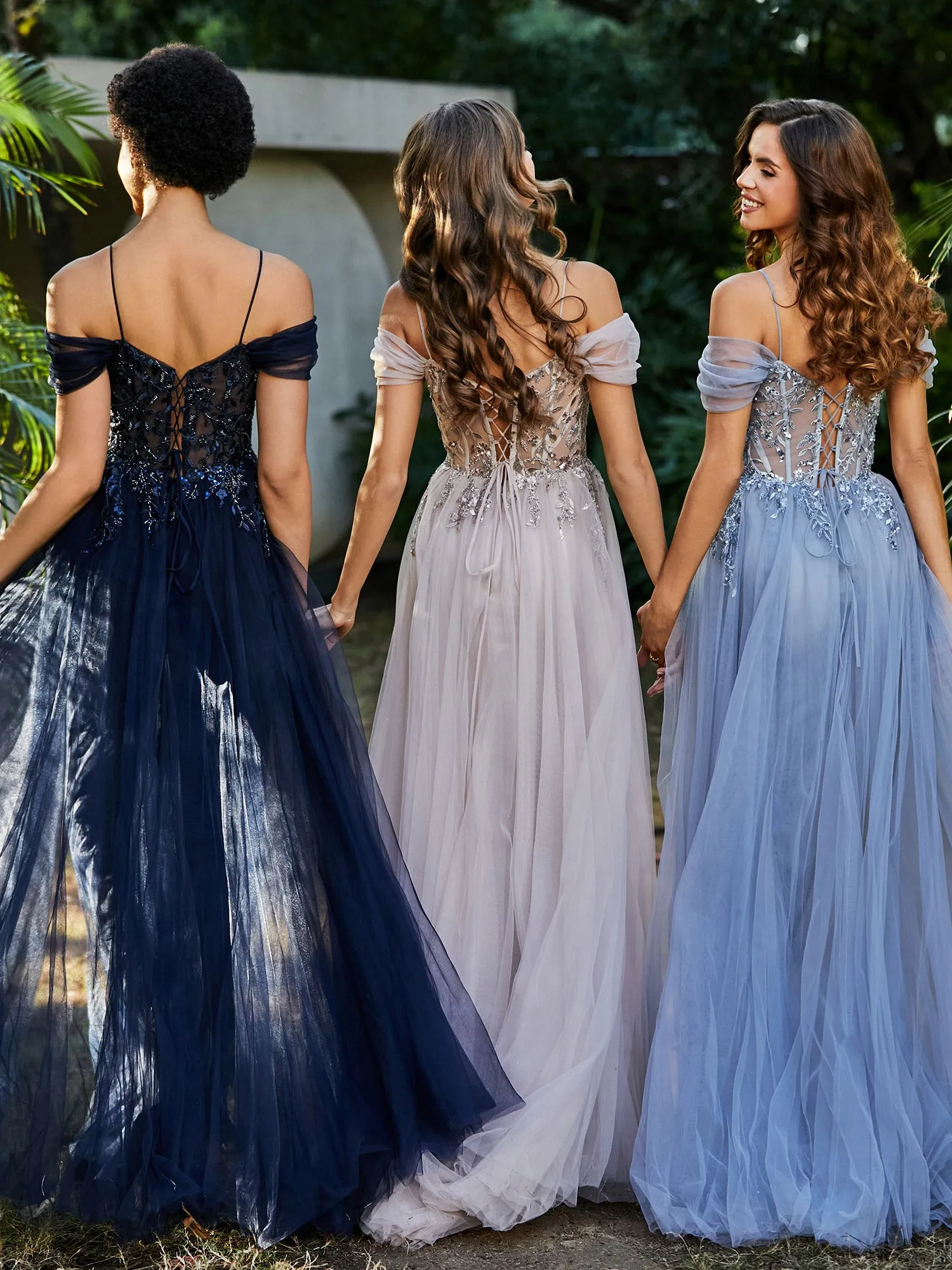 Lace Up Back Off Shoulder Tulle Gown Dark Navy