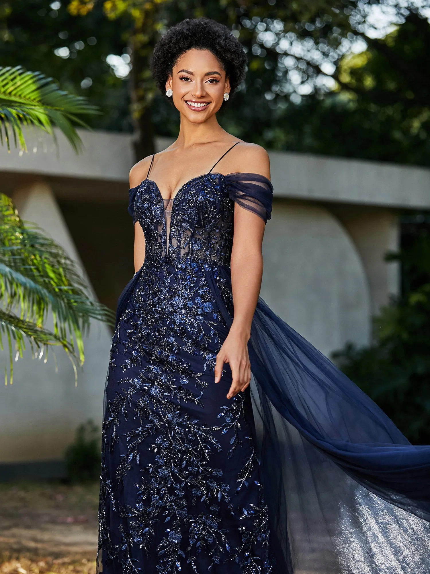Lace Up Back Off Shoulder Tulle Gown Dark Navy