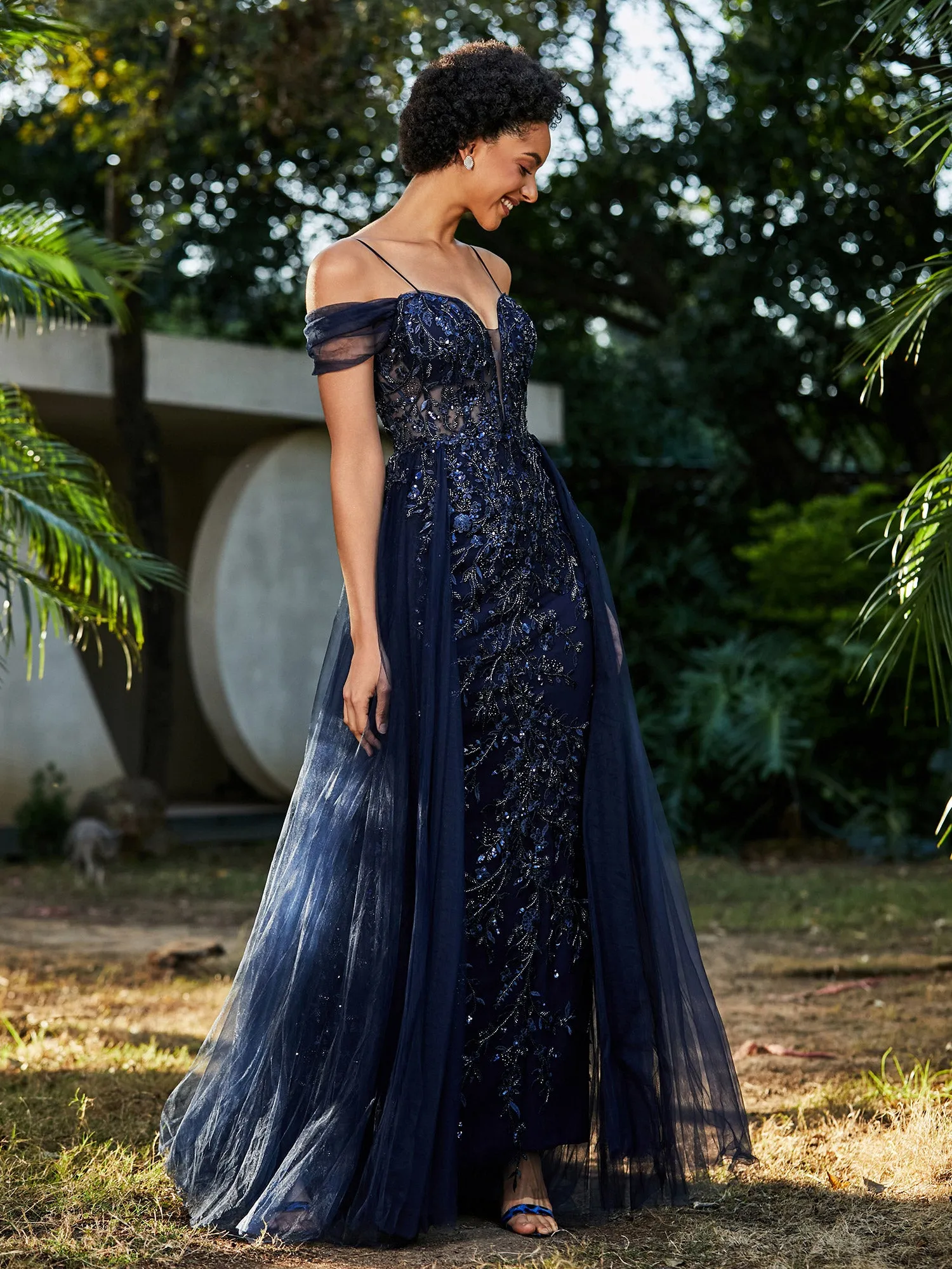 Lace Up Back Off Shoulder Tulle Gown Dark Navy