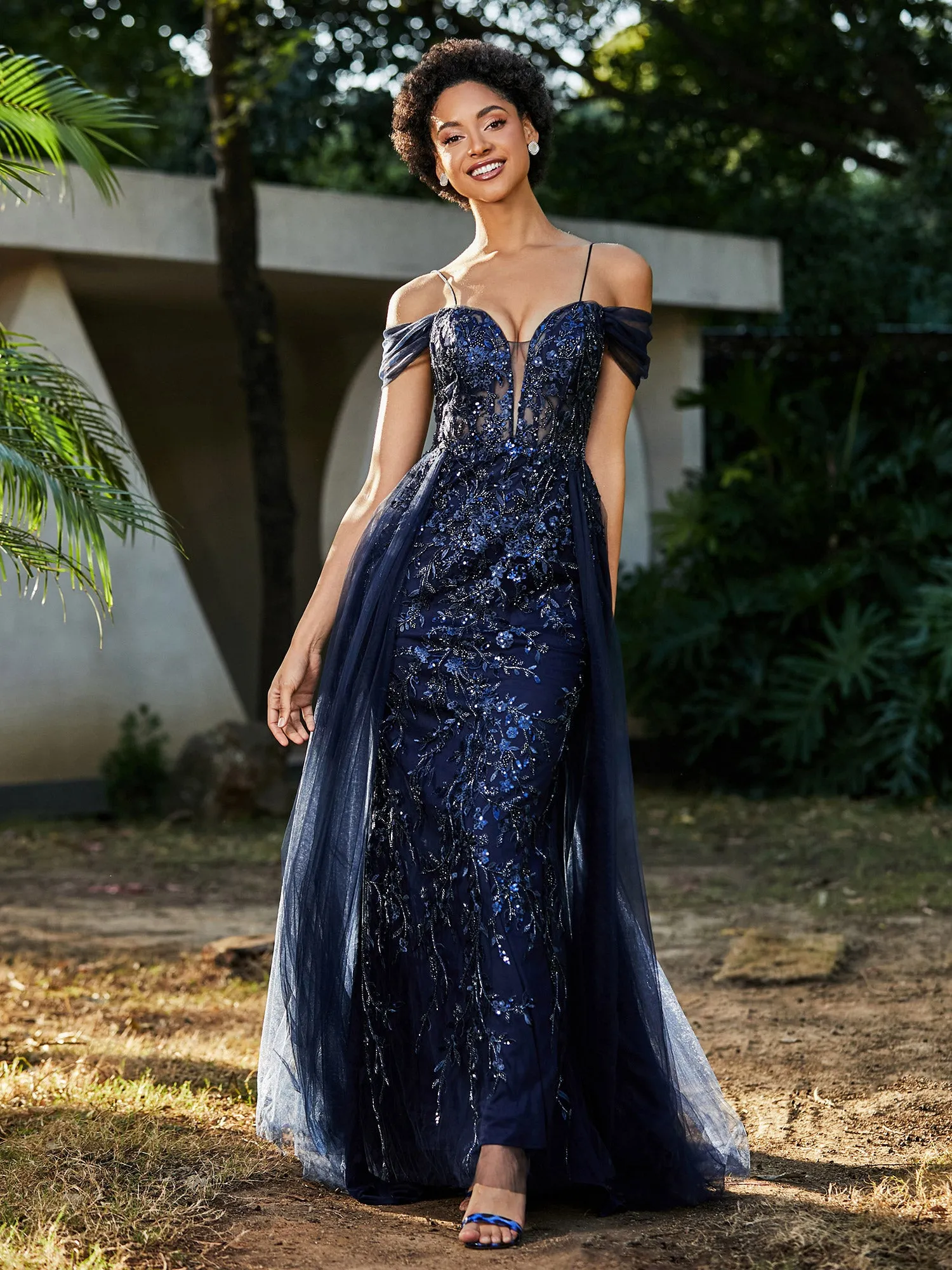 Lace Up Back Off Shoulder Tulle Gown Dark Navy