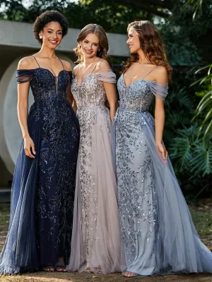 Lace Up Back Off Shoulder Tulle Gown Dark Navy