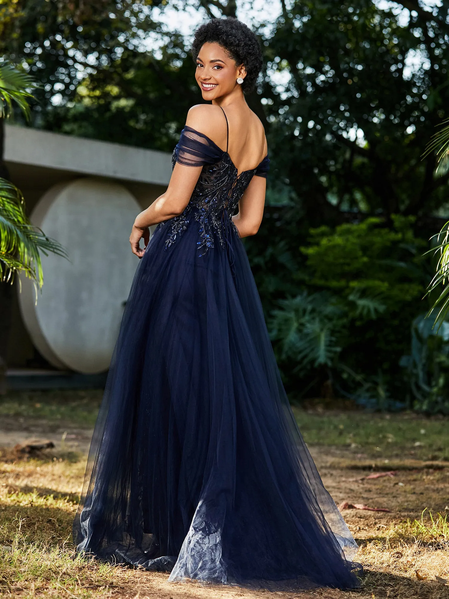 Lace Up Back Off Shoulder Tulle Gown Dark Navy