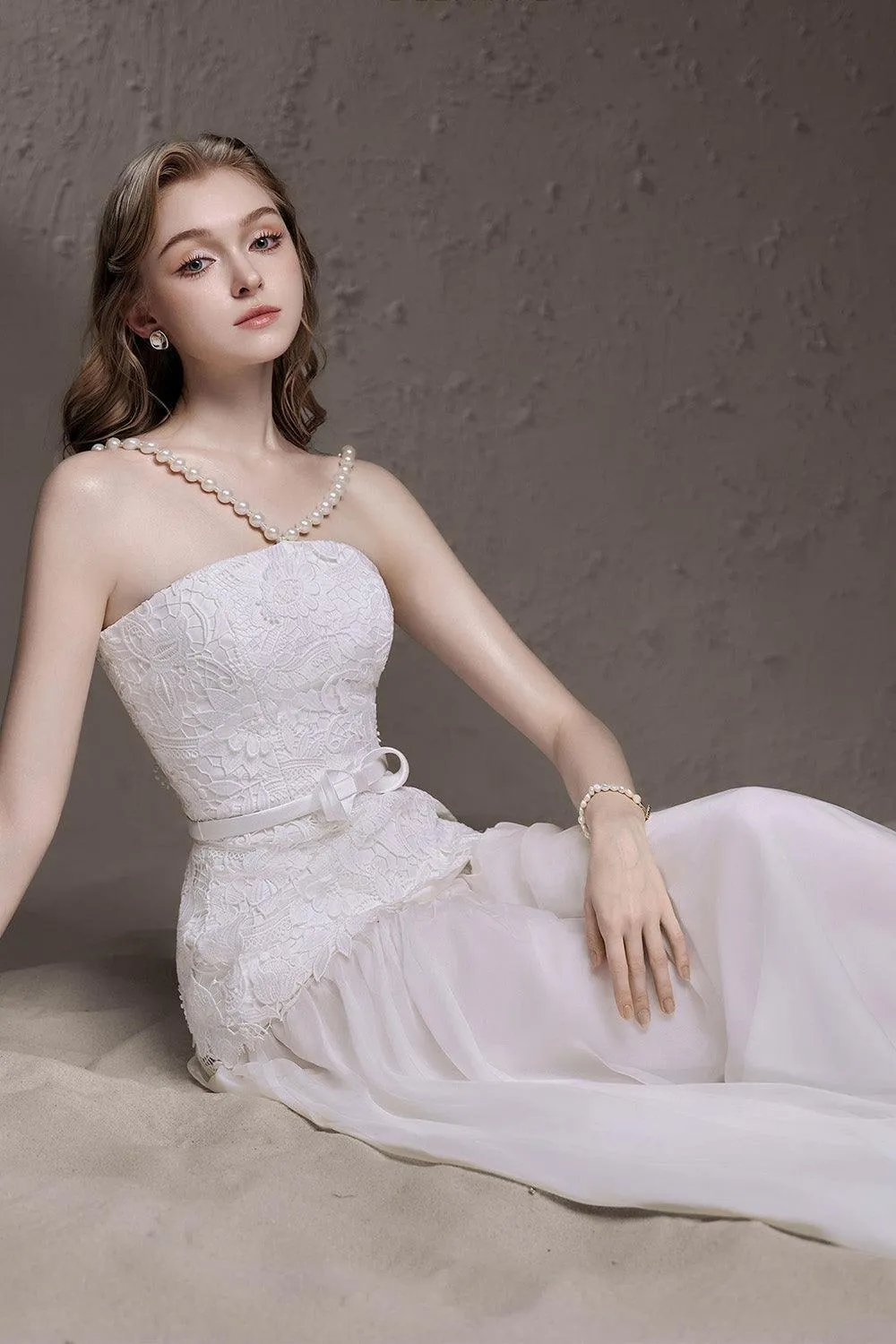 Lena Drop Waist V-Neck Silk Lace Floor Length Dress