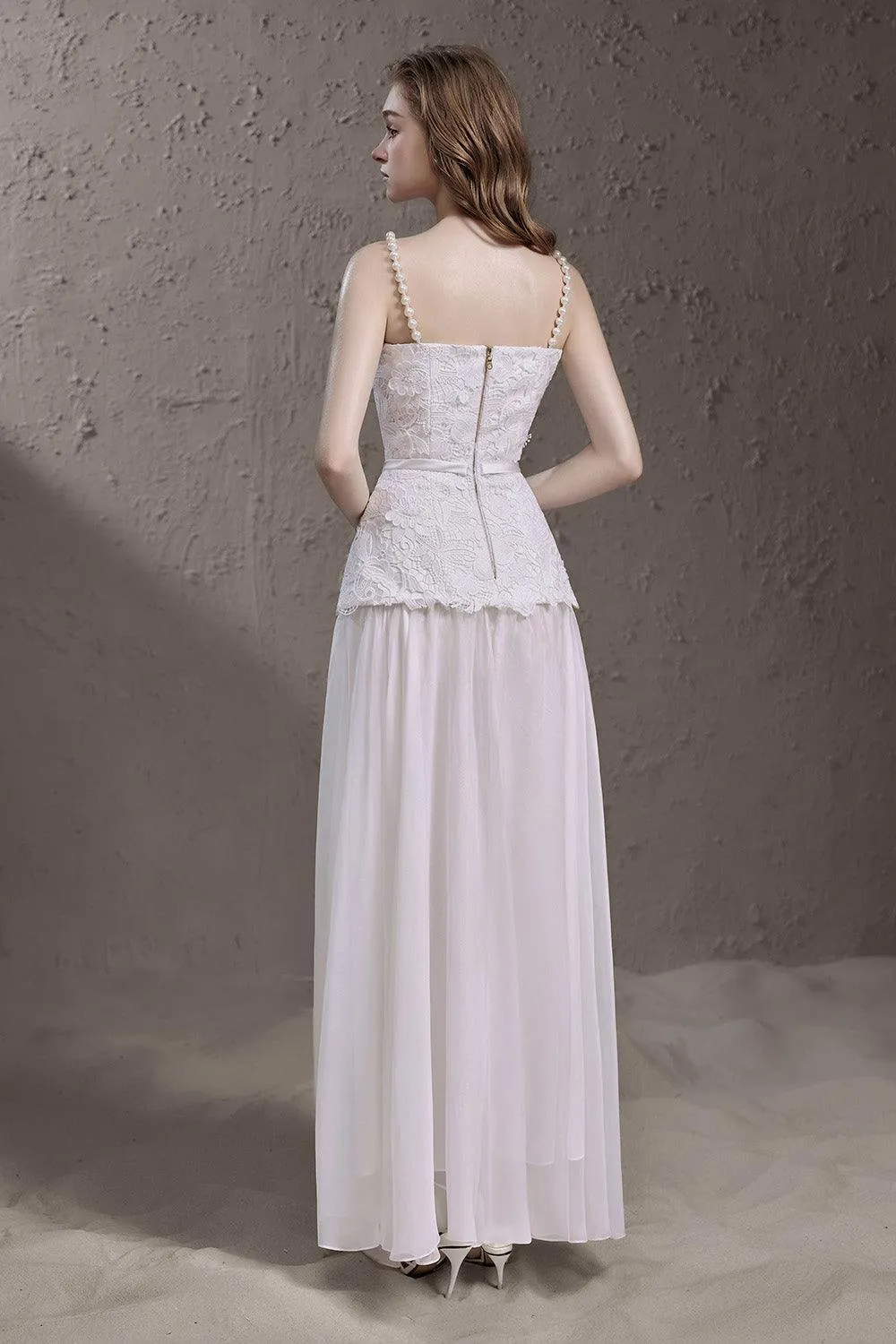 Lena Drop Waist V-Neck Silk Lace Floor Length Dress